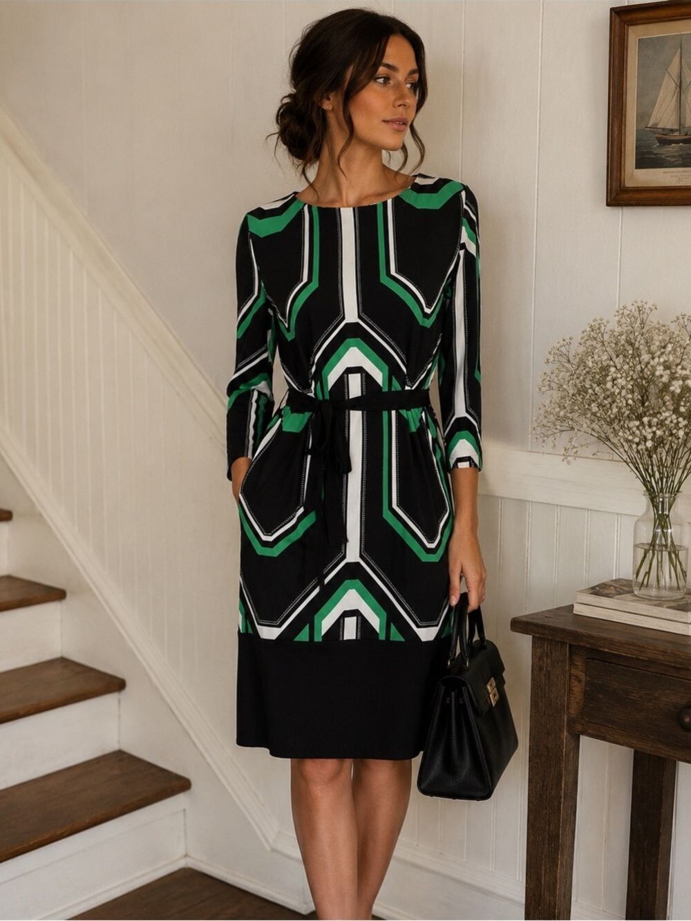 New York & Company Geometric Retro Mod Tie Waist Dress Small Black Green White